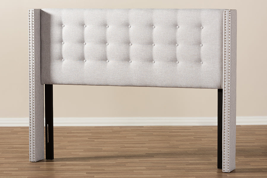Baxton Studio Ginaro Modern And Contemporary Greyish Beige Fabric Button-Tufted Nail head King Size Winged Headboard