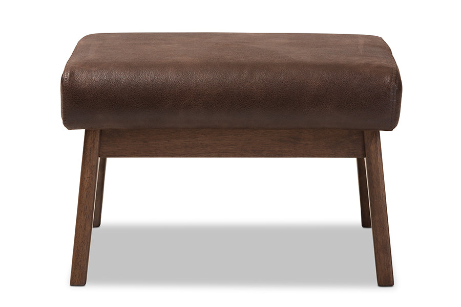 Baxton Studio Bianca Mid-Century Modern Walnut Wood Dark Brown Distressed Faux Leather Ottoman