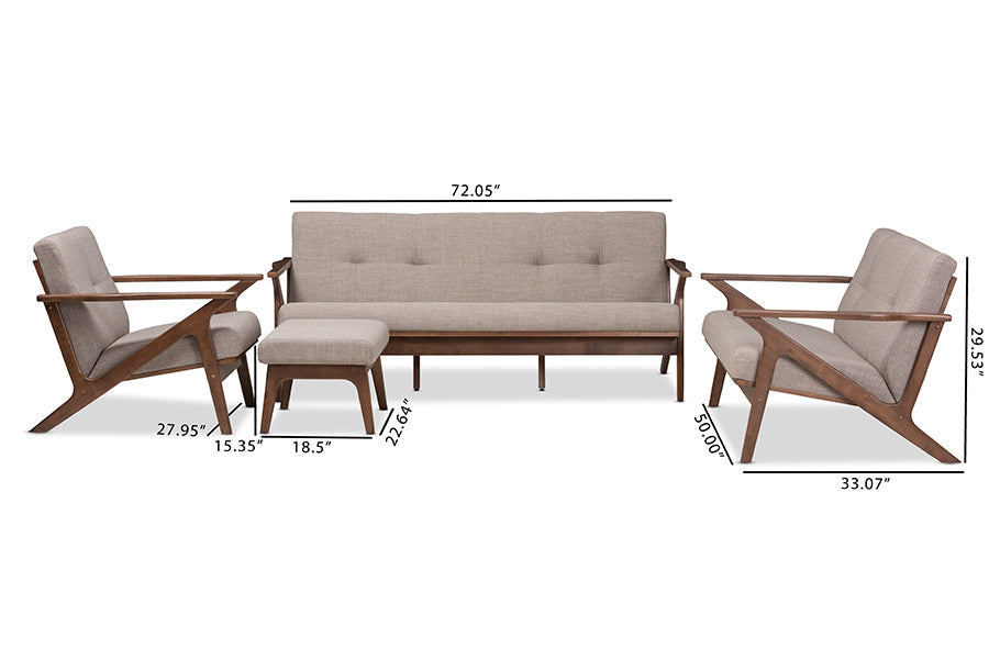 Baxton Studio Bianca Mid-Century Modern Walnut Wood Light Grey Fabric Tufted Livingroom Sofa Set