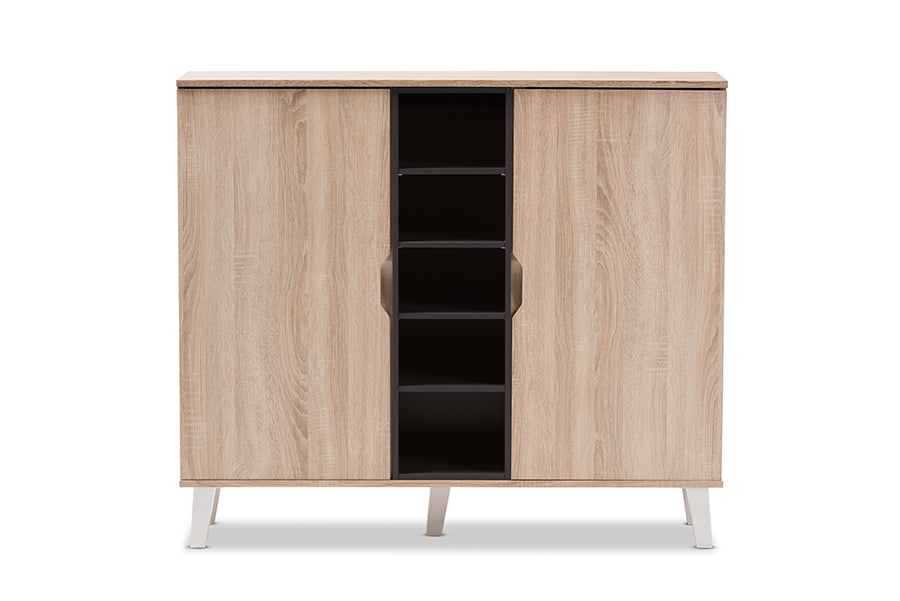 Baxton Studio Adelina Mid-Century Modern 2-door Oak and Grey Wood Shoe Cabinet