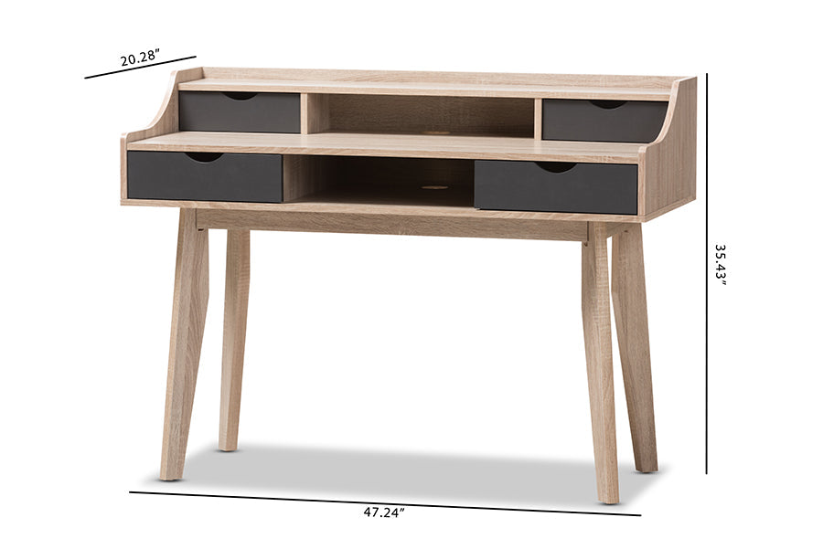 Baxton Studio Fella Mid-Century Modern 4-Drawer Oak and Grey Wood Study Desk