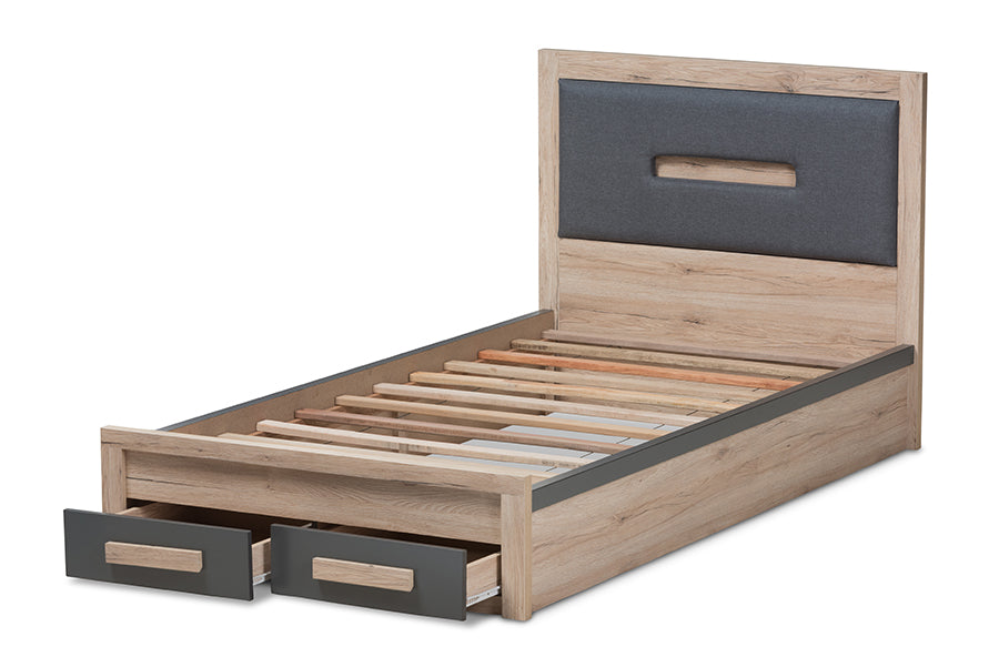 Baxton Studio Pandora Modern and Contemporary Dark Grey and Light Brown Two-Tone 2-Drawer Twin Size Storage Platform Bed