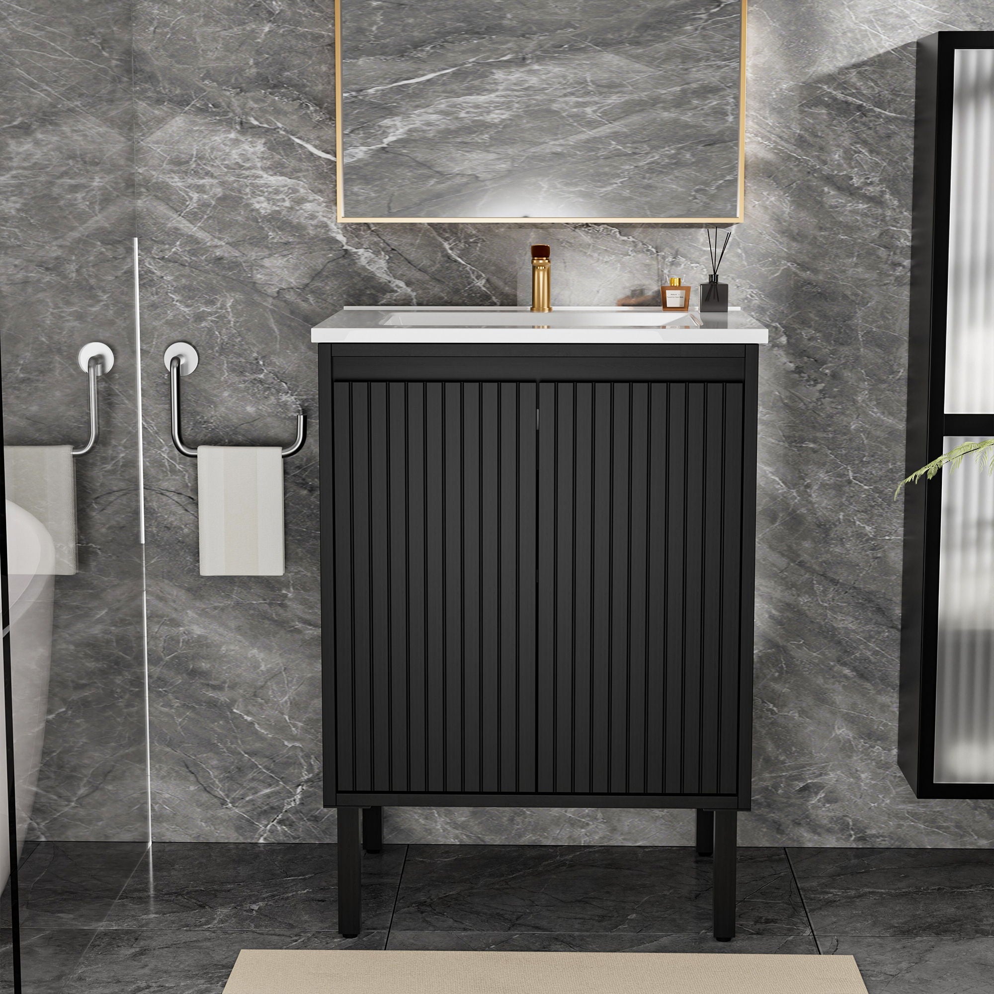 Bathroom Vanity With Ceramic Sink, Floor-Standing Design, Soft-Closing Drawers