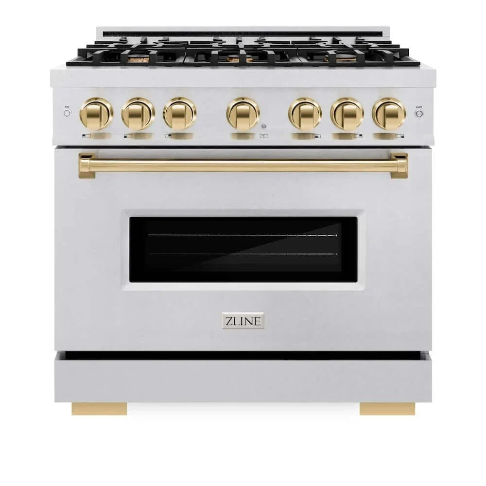 ZLINE 36" Classic Gas Range, Convection Gas Oven DuraSnow® Stainless Steel, Gold CGRSZ-36-G
