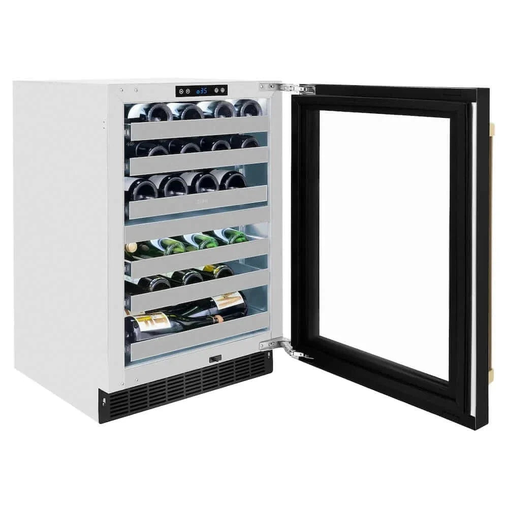 ZLINE 24" Touchstone Dual Zone 44 Bottle Wine Cooler Black Stainless Steel Glass Door Polished Gold Handle  RWDOZ-BS-24-G