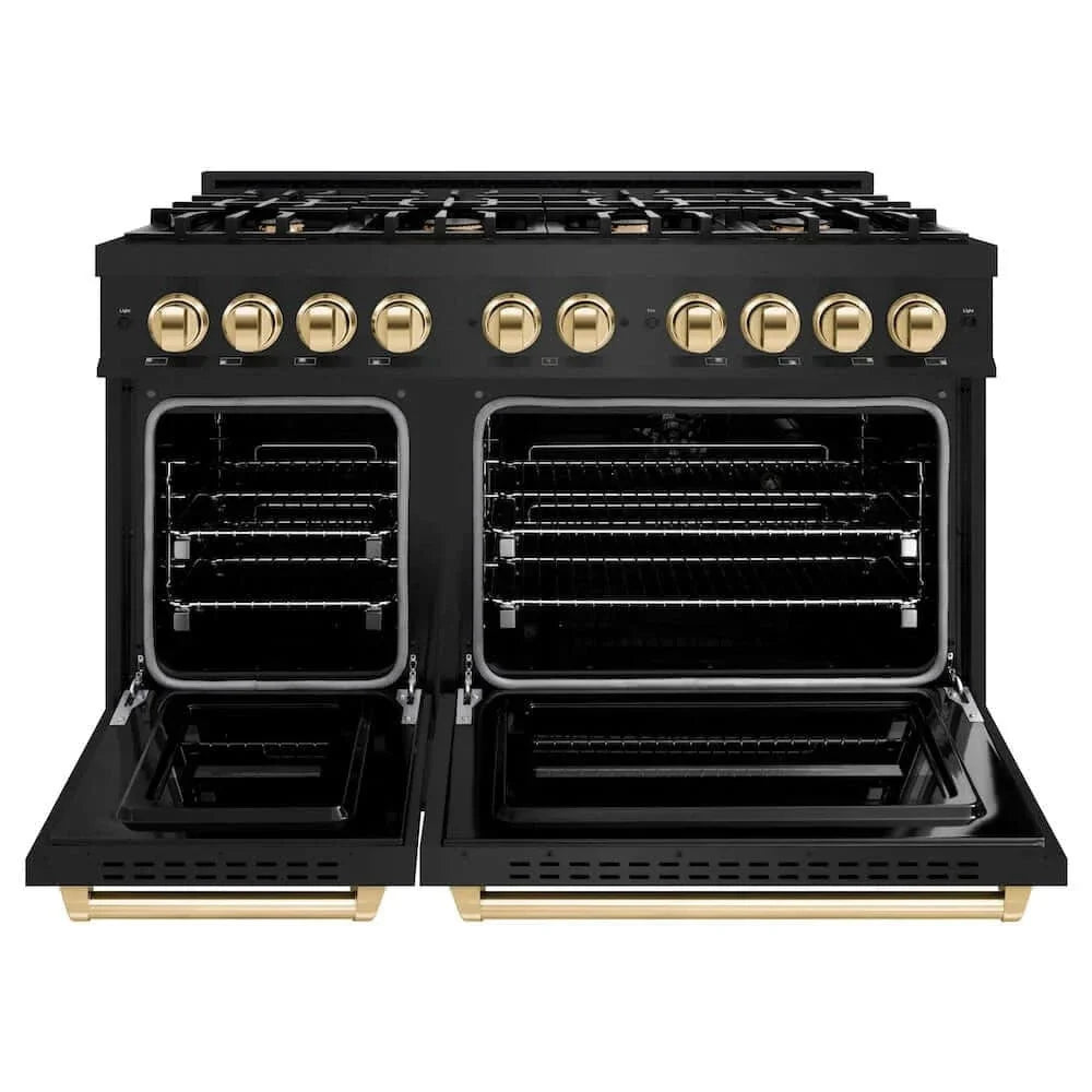 ZLINE 48" Dual Fuel Range, Gas Cooktop, Electric Convection Oven Black Stainless Steel, Gold CDRBZ-48-G
