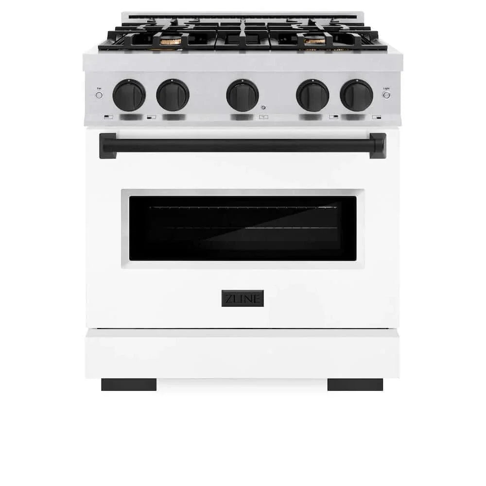 ZLINE 30" Dual Fuel Range, Gas Cooktop, Electric Convection Oven DuraSnow® Stainless Steel, White Matte Door, Matte Black CDRSZ-WM-30-MB