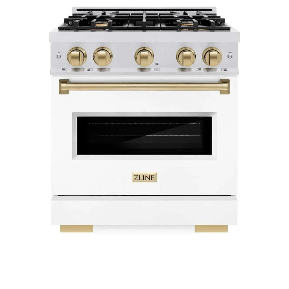 ZLINE 30"Classic Gas Range, Convection Gas Oven, DuraSnow® Stainless Steel, White Matte Door Champagne Bronze CGRSZ-WM-30-CB