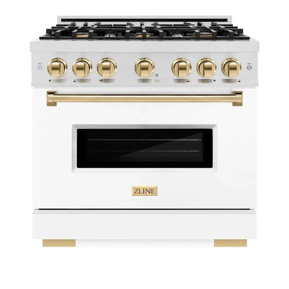 ZLINE 36"Classic Gas Range, Convection Gas Oven, DuraSnow® Stainless Steel, White Matte Door Polished Gold CGRSZ-WM-36-G