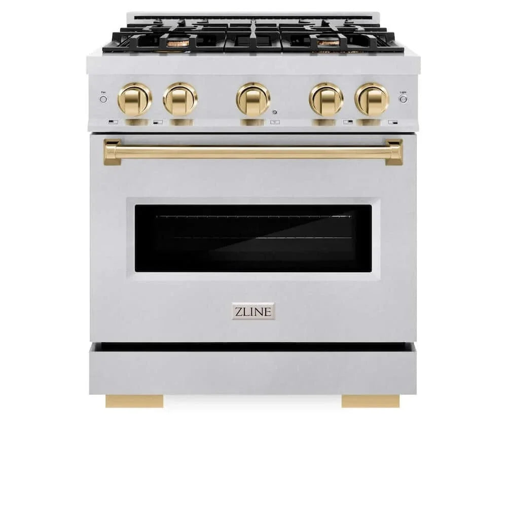 ZLINE 30" Dual Fuel Range, Gas Cooktop, Electric Convection Oven DuraSnow® Stainless Steel, Gold CDRSZ-30-G