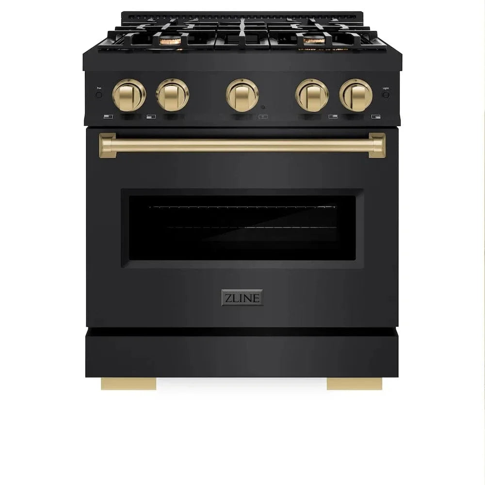 ZLINE 30" Dual Fuel Range, Gas Cooktop, Electric Convection Oven Black Stainless Steel, Champagne Bronze CDRBZ-30-CB