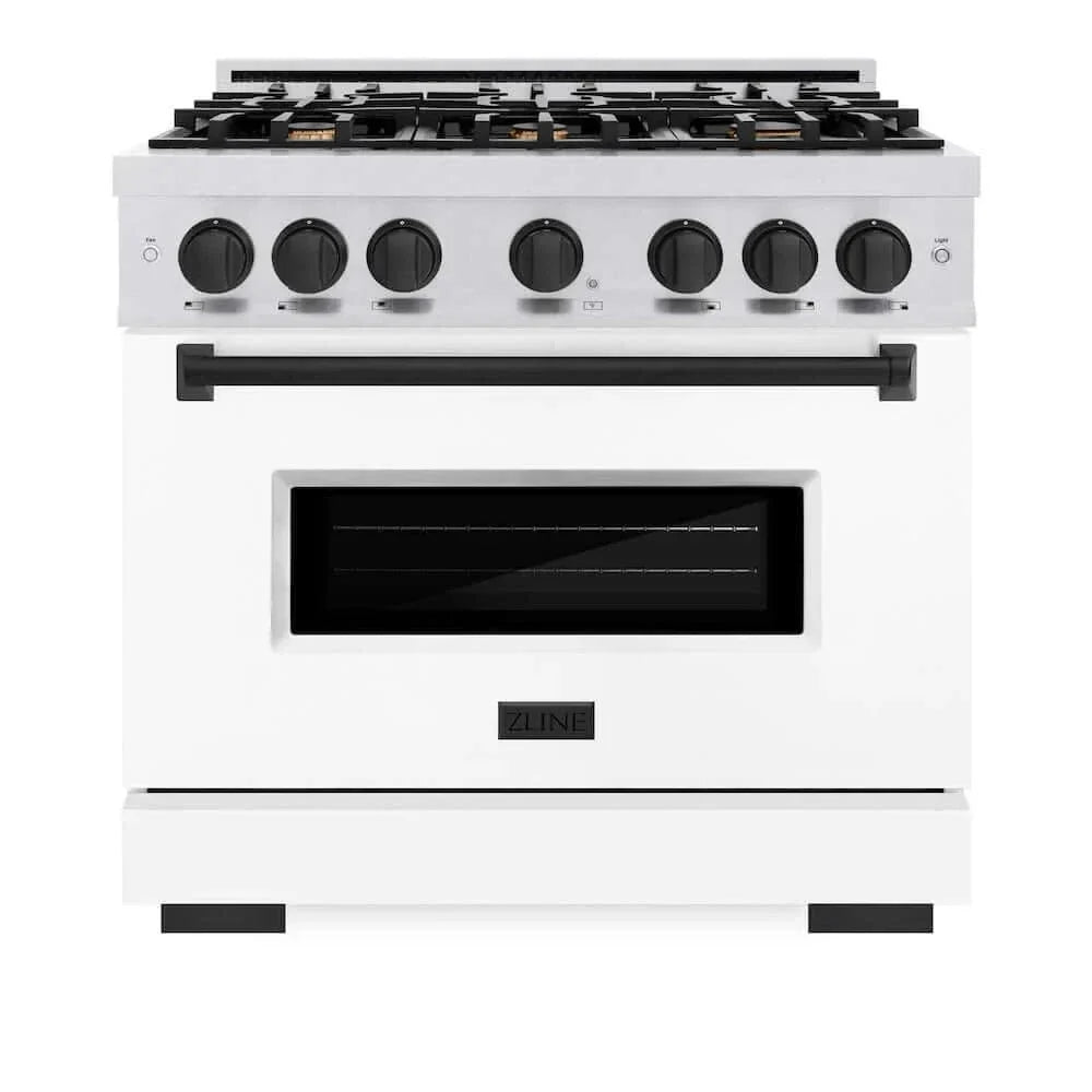 ZLINE 36"Classic Gas Range, Convection Gas Oven, DuraSnow® Stainless Steel, White Matte Door Matte Black CGRSZ-WM-36-MB