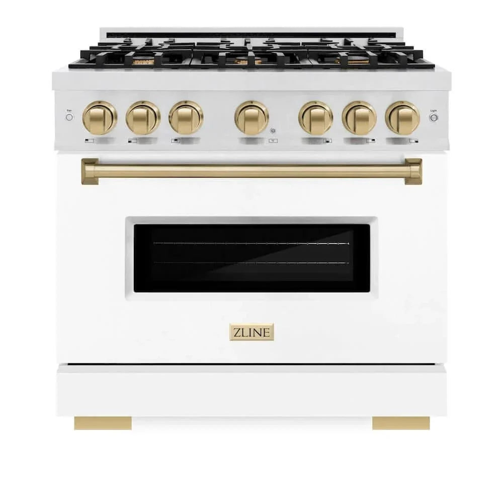 ZLINE 36" Dual Fuel Range, Gas Cooktop, Electric Convection Oven DuraSnow® Stainless Steel, White Matte Door Champagne Bronze CDRSZ-WM-36-CB