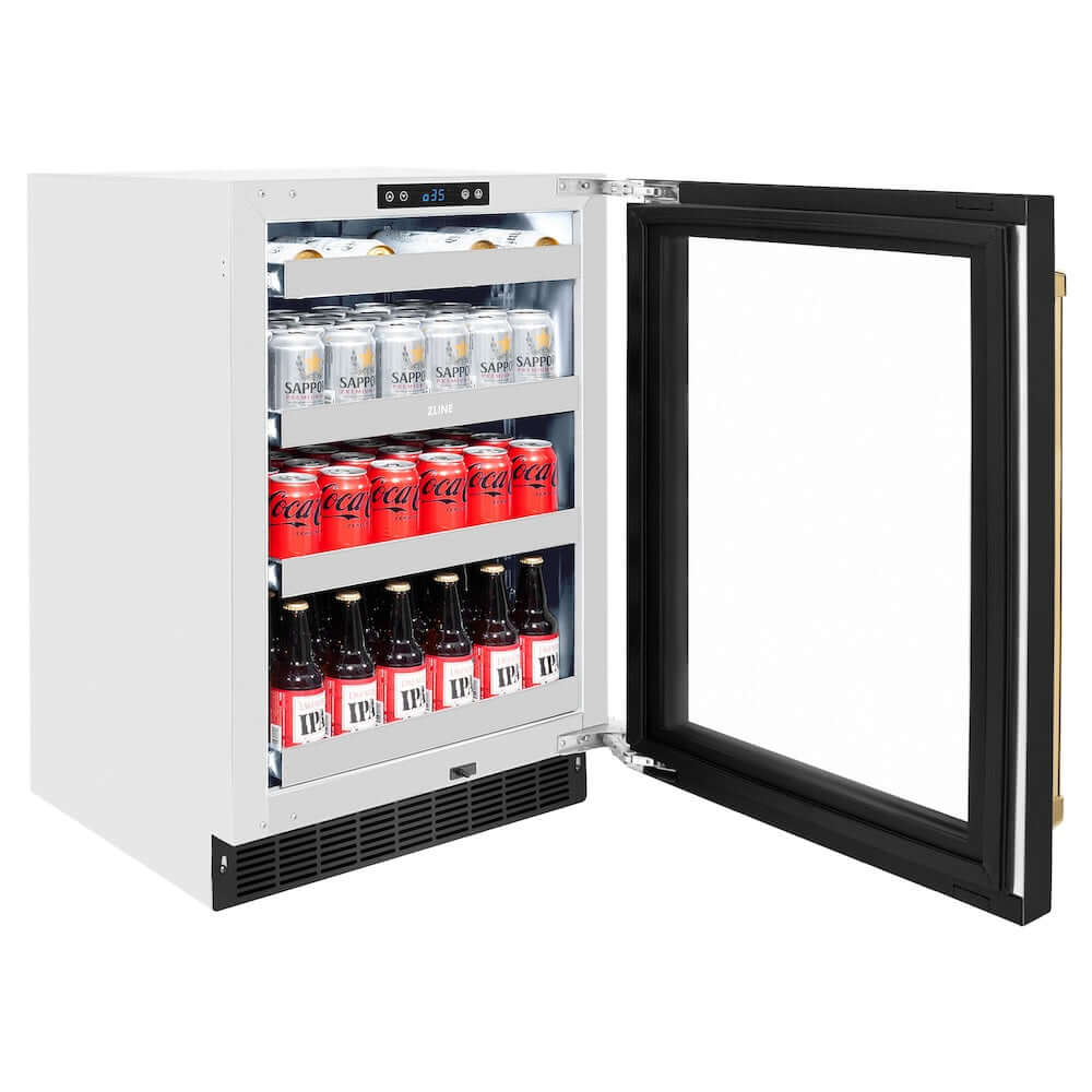 ZLINE 24" Touchstone 151 Can Beverage Fridge Black Stainless Steel Glass Door Gold Handle RBSOZ-BS-24-G