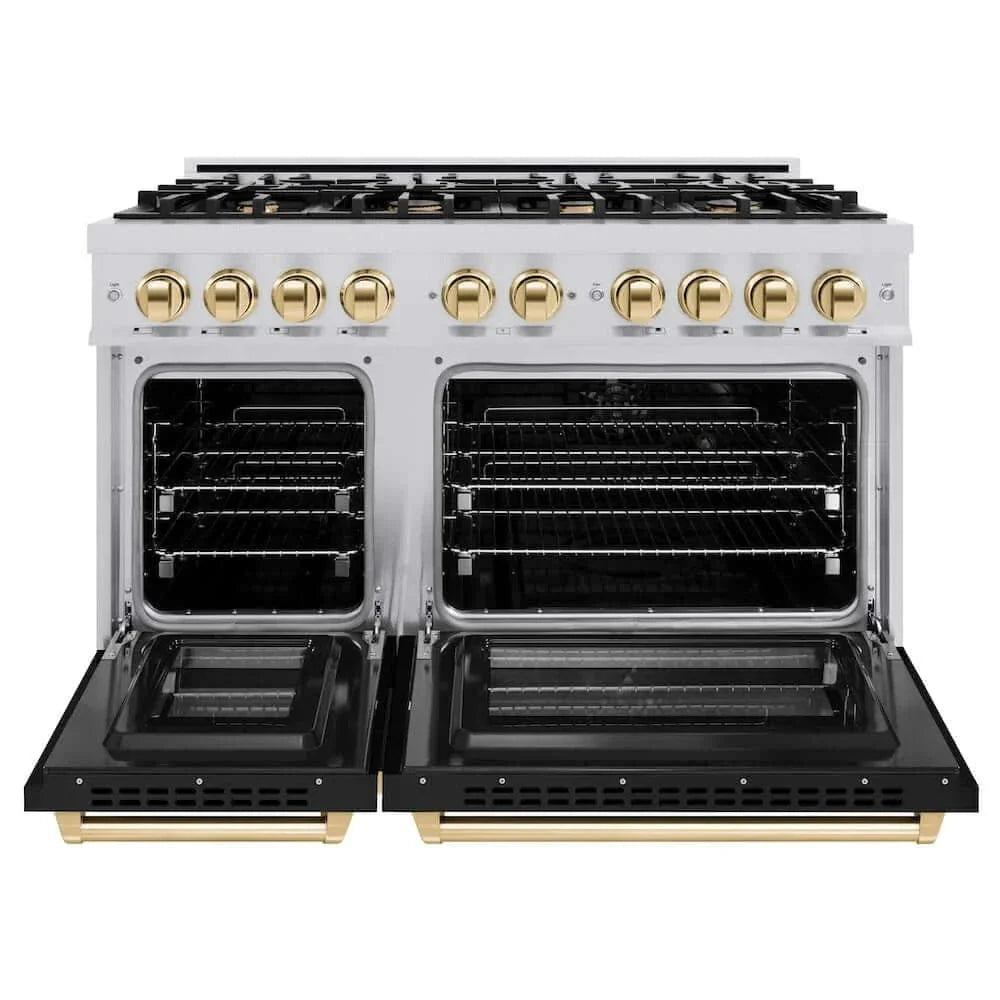 ZLINE 48" Select Dual Fuel Range Gas Cooktop Electric Convection Oven Stainless Steel Black Matte Doors Gold HDRZ-BLM-48-G