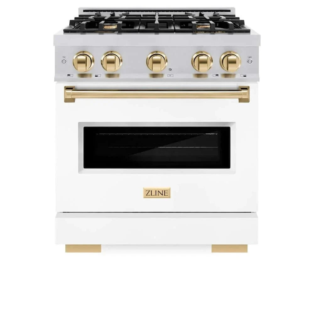 ZLINE 30"Classic Gas Range, Convection Gas Oven, DuraSnow® Stainless Steel, White Matte Door Polished Gold CGRSZ-WM-30-G