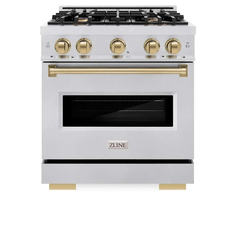 ZLINE 30" Dual Fuel Range, Gas Cooktop, Electric Convection Oven DuraSnow® Stainless Steel, Champagne Bronze CDRSZ-30-CB