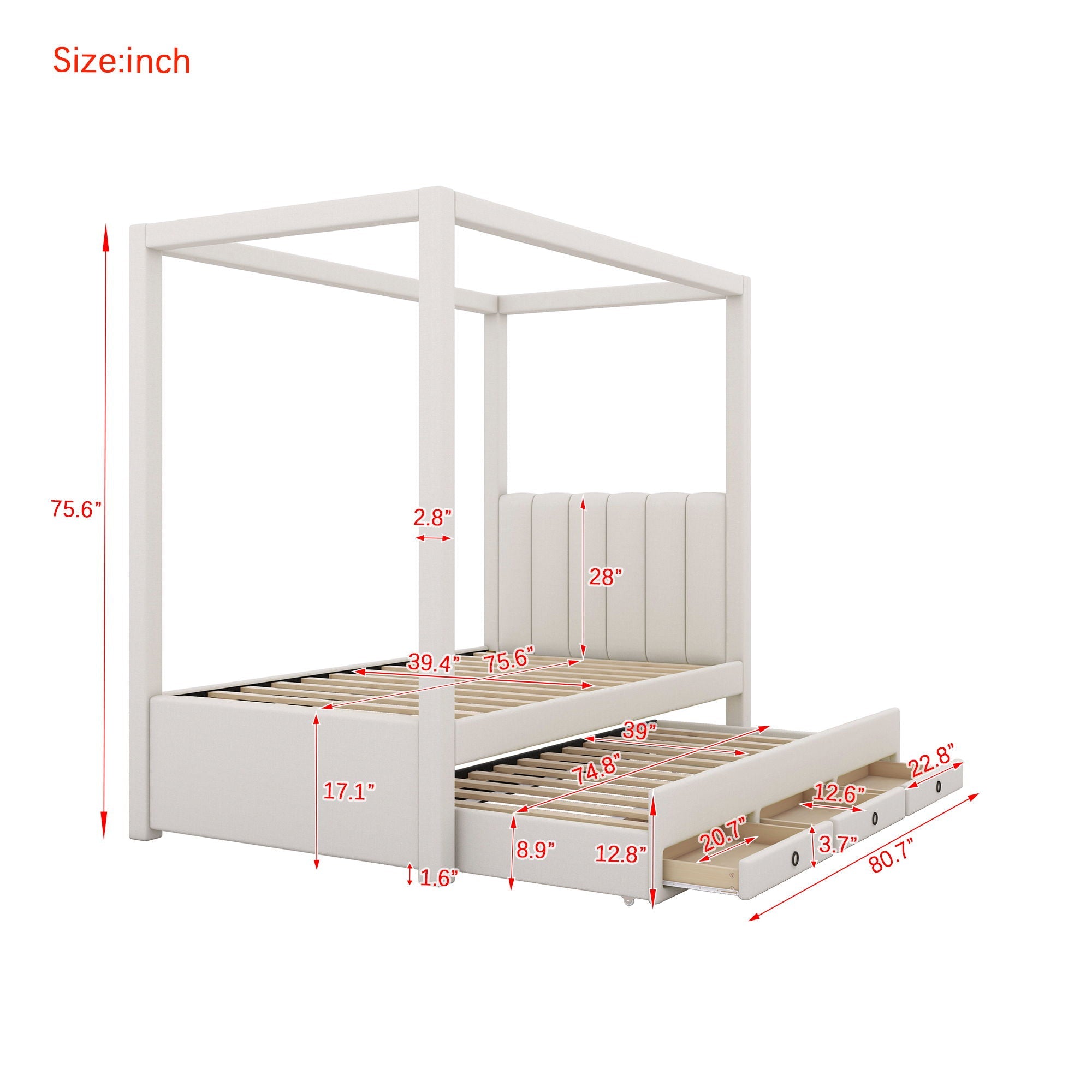 Upholstery Canopy Platform Bed With Trundle And Three Storage Drawers