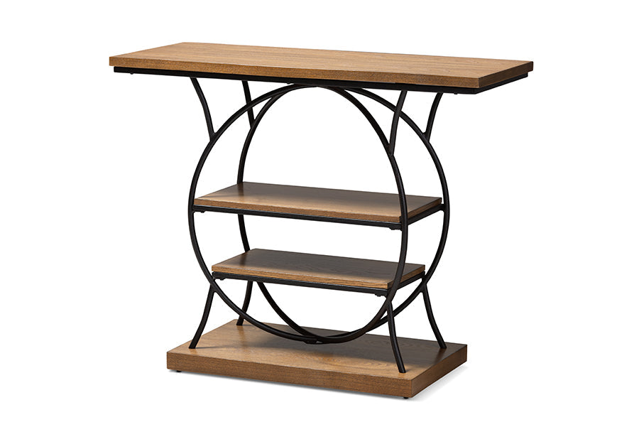 Baxton Studio Lavelle Vintage Rustic Industrial Style Walnut Brown Wood and Dark Bronze-Finished Metal Circular Console Table