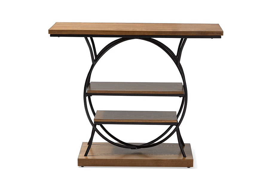 Baxton Studio Lavelle Vintage Rustic Industrial Style Walnut Brown Wood and Dark Bronze-Finished Metal Circular Console Table