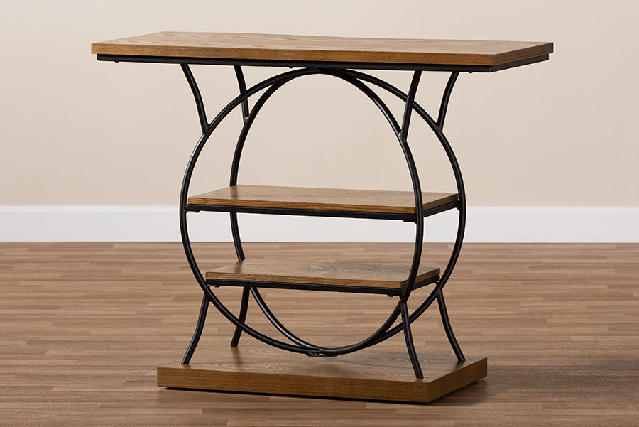 Baxton Studio Lavelle Vintage Rustic Industrial Style Walnut Brown Wood and Dark Bronze-Finished Metal Circular Console Table