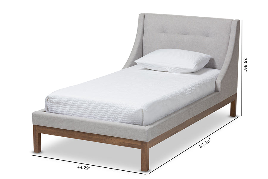 Baxton Studio Louvain Modern and Contemporary Greyish Beige Fabric Upholstered Walnut-Finished Twin Sized Platform Bed