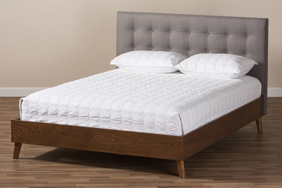 Baxton Studio Alinia Mid-century Retro Modern Grey Fabric Upholstered Walnut Wood King Size Platform Bed