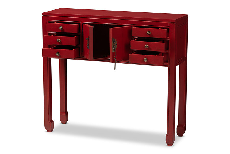 Baxton Studio Melodie Classic and Antique Red Finished Wood Bronze Finished Accents 6-Drawer Console Table