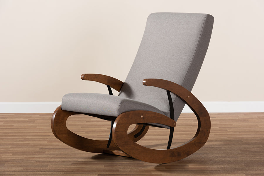 Baxton Studio Kaira Modern and Contemporary Gray Fabric Upholstered and Walnut-Finished Wood Rocking Chair