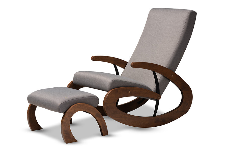 Baxton Studio Kaira Modern and Contemporary 2-Piece Gray Fabric Upholstered and Walnut-Finished Wood Rocking Chair and Ottoman Set