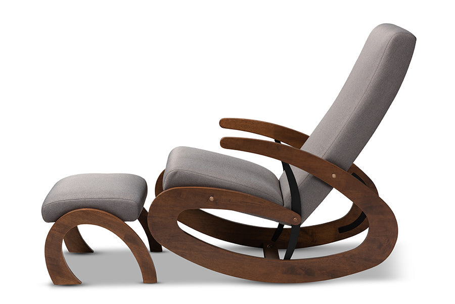 Baxton Studio Kaira Modern and Contemporary 2-Piece Gray Fabric Upholstered and Walnut-Finished Wood Rocking Chair and Ottoman Set