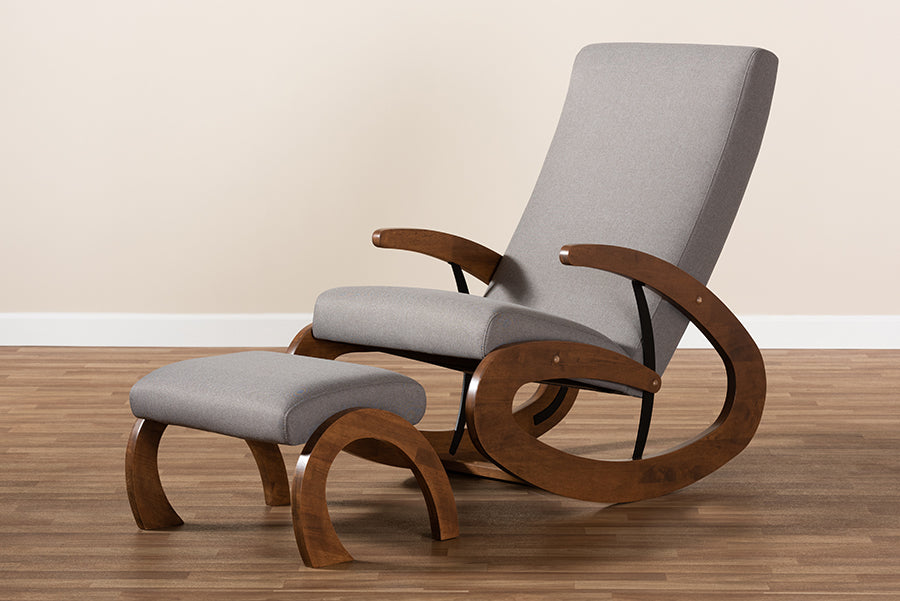 Baxton Studio Kaira Modern and Contemporary 2-Piece Gray Fabric Upholstered and Walnut-Finished Wood Rocking Chair and Ottoman Set