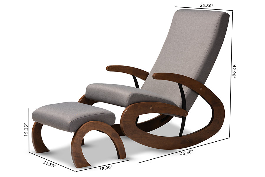 Baxton Studio Kaira Modern and Contemporary 2-Piece Gray Fabric Upholstered and Walnut-Finished Wood Rocking Chair and Ottoman Set
