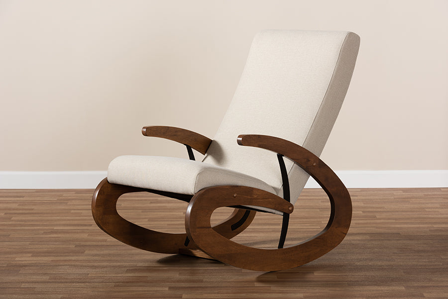 Baxton Studio Kaira Modern and Contemporary Light Beige Fabric Upholstered and Walnut-Finished Wood Rocking Chair