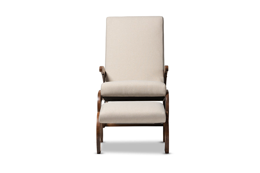 Baxton Studio Kaira Modern and Contemporary 2-Piece Light Beige Fabric Upholstered and Walnut-Finished Wood Rocking Chair and Ottoman Set