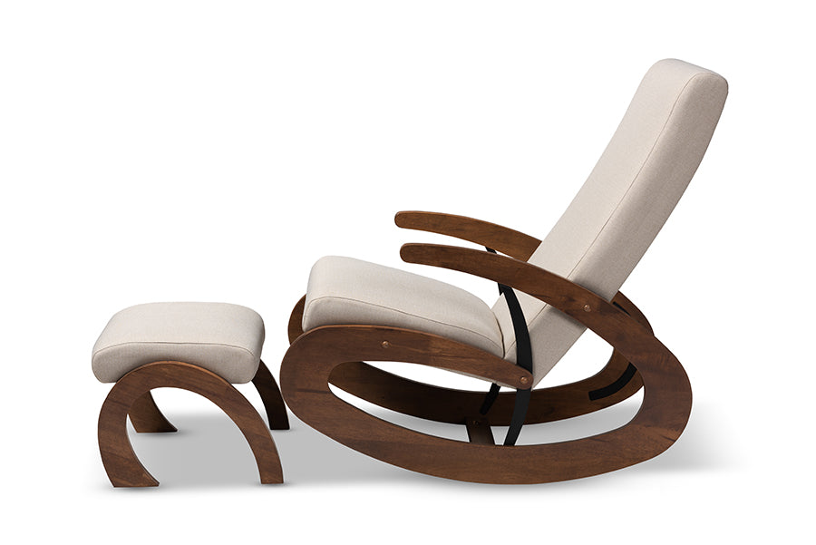 Baxton Studio Kaira Modern and Contemporary 2-Piece Light Beige Fabric Upholstered and Walnut-Finished Wood Rocking Chair and Ottoman Set