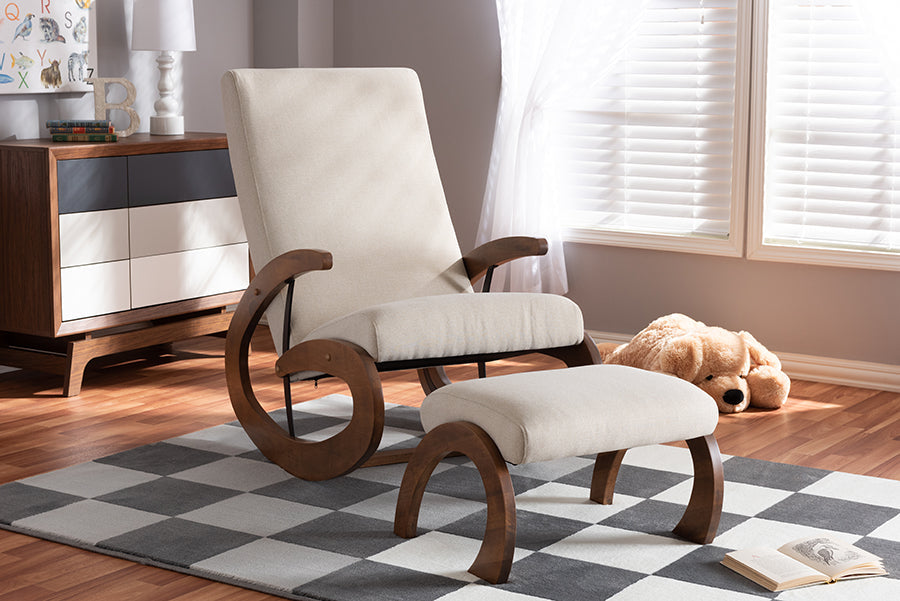 Baxton Studio Kaira Modern and Contemporary 2-Piece Light Beige Fabric Upholstered and Walnut-Finished Wood Rocking Chair and Ottoman Set