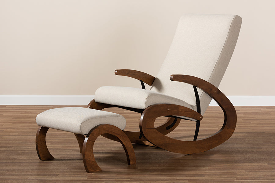 Baxton Studio Kaira Modern and Contemporary 2-Piece Light Beige Fabric Upholstered and Walnut-Finished Wood Rocking Chair and Ottoman Set