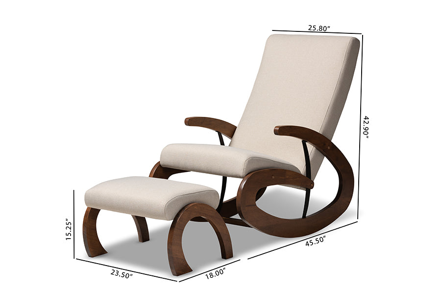 Baxton Studio Kaira Modern and Contemporary 2-Piece Light Beige Fabric Upholstered and Walnut-Finished Wood Rocking Chair and Ottoman Set