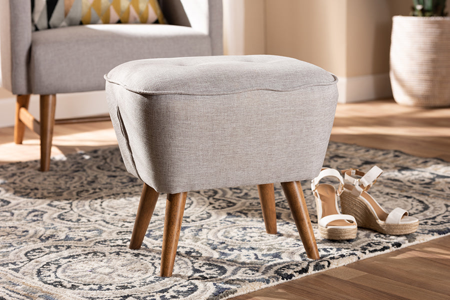 Baxton Studio Petronelle Mid-Century Modern Greyish Beige Fabric Upholstered Walnut Brown Finished Wood Ottoman