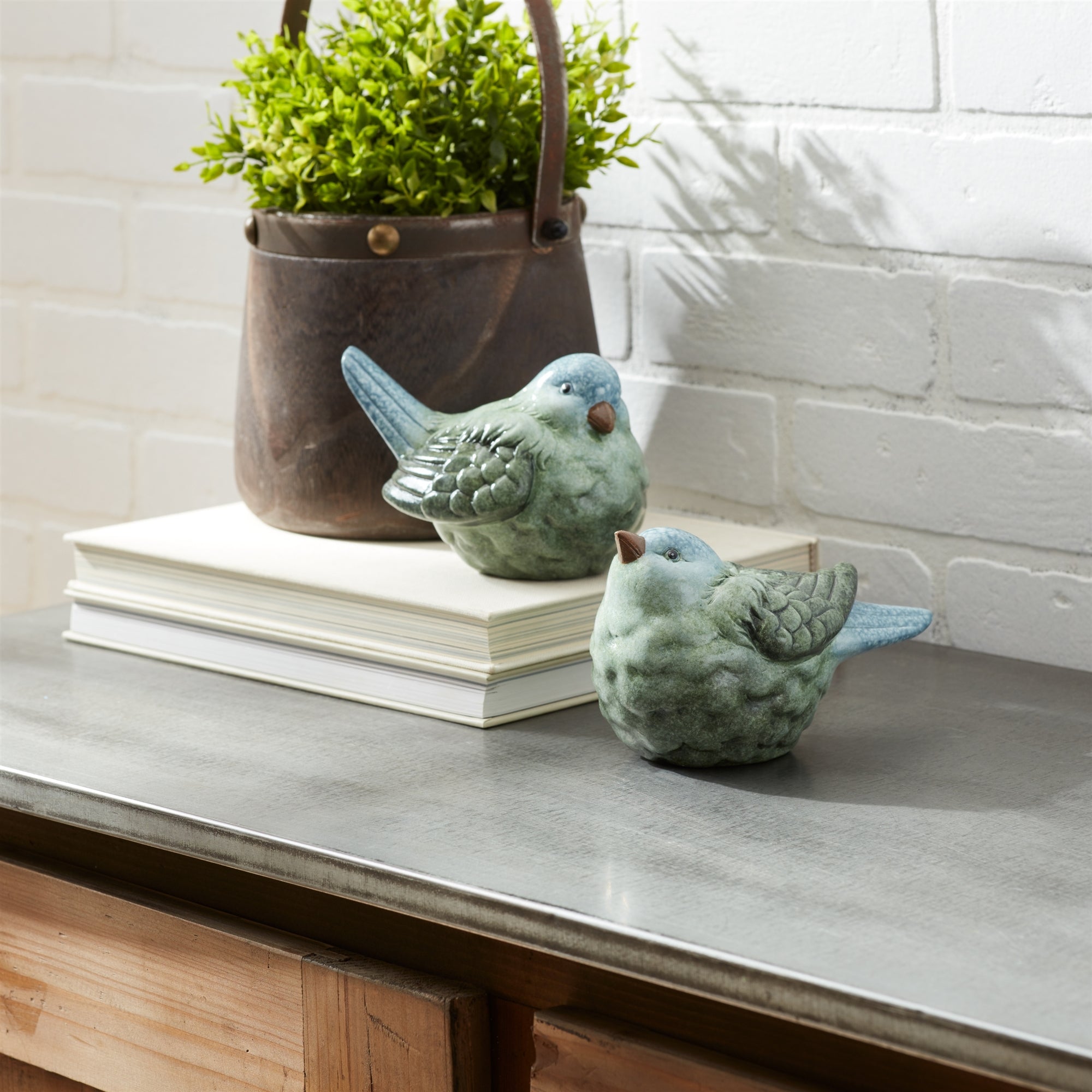 Blue and Green Terra Cotta Bird Figurine (Set of 2)
