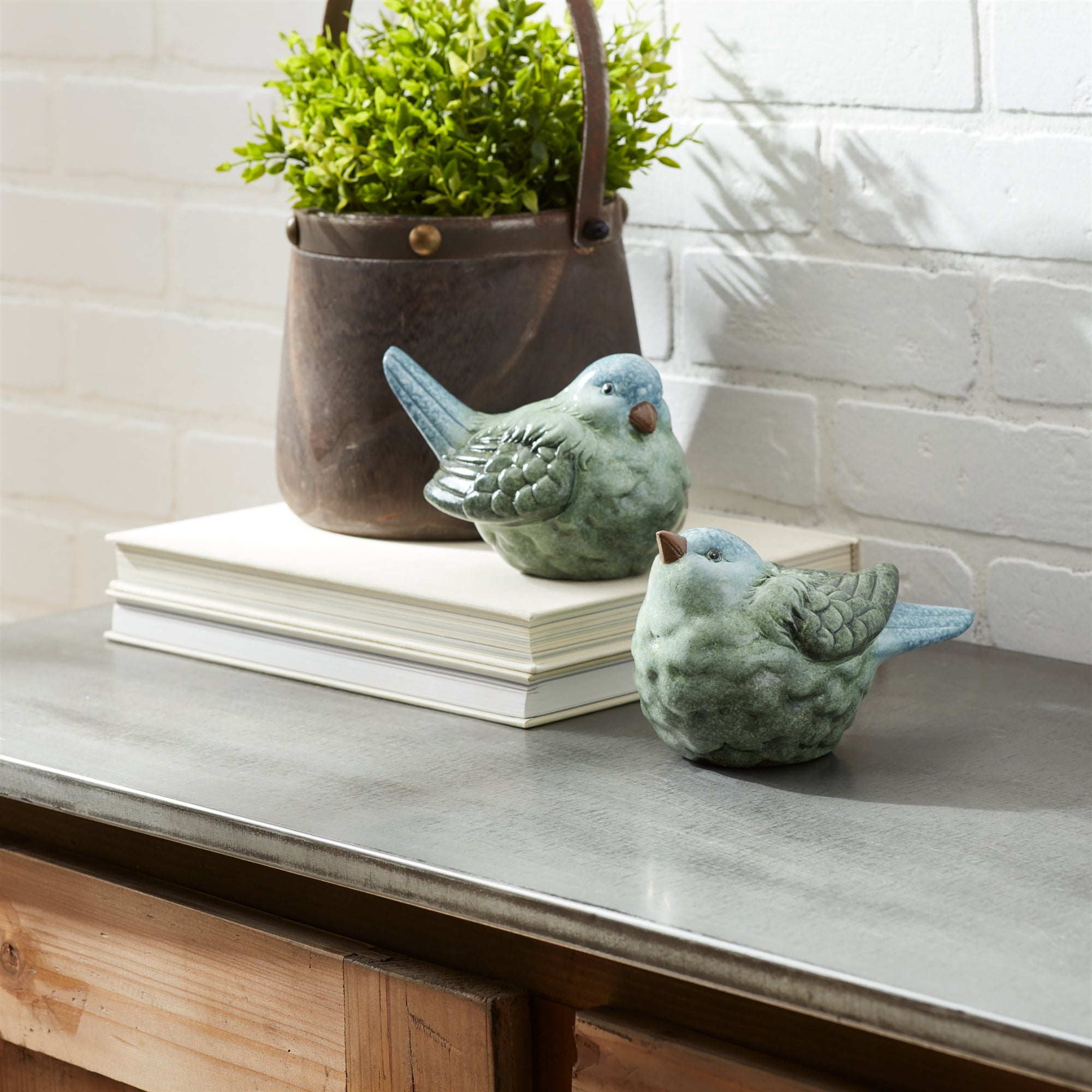 Blue and Green Terra Cotta Bird Figurine (Set of 2)