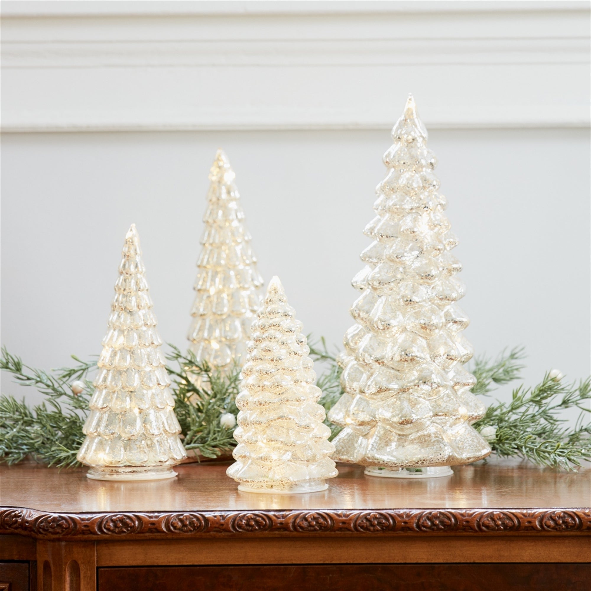 LED Lighted Mercury Glass Holiday Tree DŽcor (Set of 4)