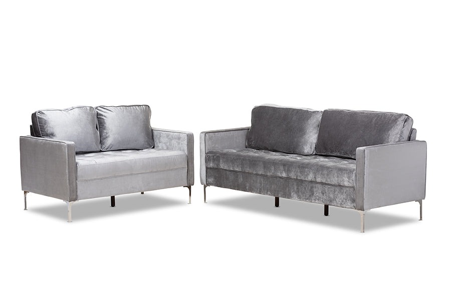 Baxton Studio Clara Modern and Contemporary Grey Velvet Fabric Upholstered 2-Piece Living Room Set