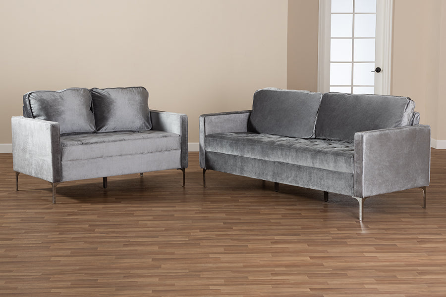 Baxton Studio Clara Modern and Contemporary Grey Velvet Fabric Upholstered 2-Piece Living Room Set