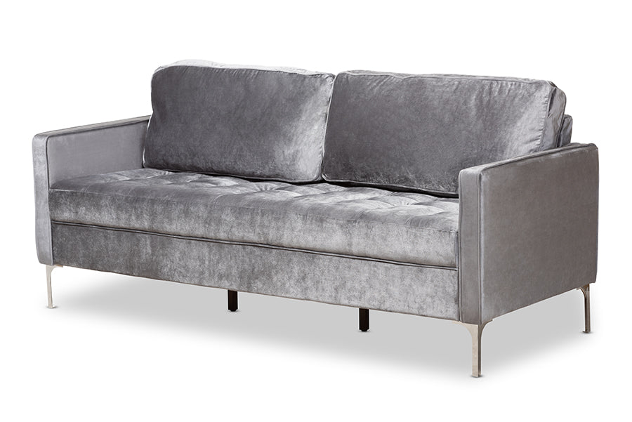 Baxton Studio Clara Modern and Contemporary Grey Velvet Fabric Upholstered 3-Seater Sofa