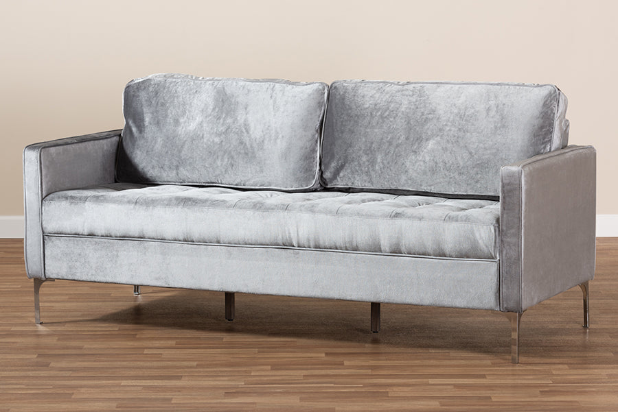 Baxton Studio Clara Modern and Contemporary Grey Velvet Fabric Upholstered 3-Seater Sofa