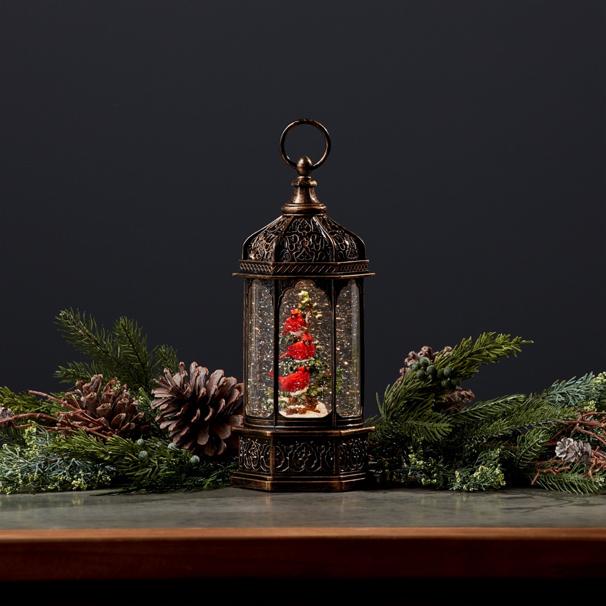 LED Snow Globe Lantern with Cardinal Bird Branch 13"H