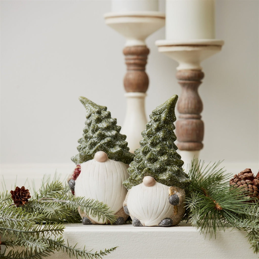 Terra Cotta Gnome Figurine with Pine Tree Hat (Set of 2)