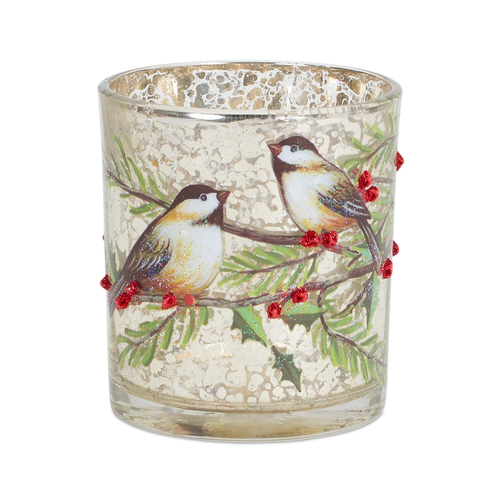 Mercury Glass Votive Candle Holder with Bird and Berry Branch (Set of 6)